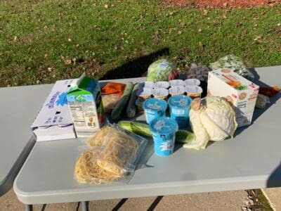A variety of groceries displayed on an outdoor table with grass in the background.