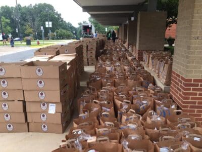 Rows of packed grocery bags and boxes outside a building.
